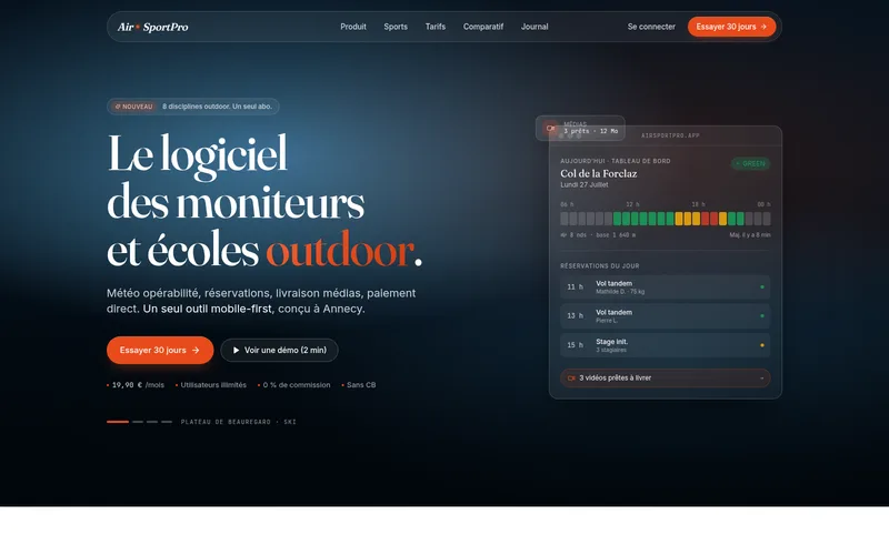 AirSportPro — logiciel des moniteurs et écoles outdoor : tableau de bord, météo décisionnelle heure par heure et réservations du jour