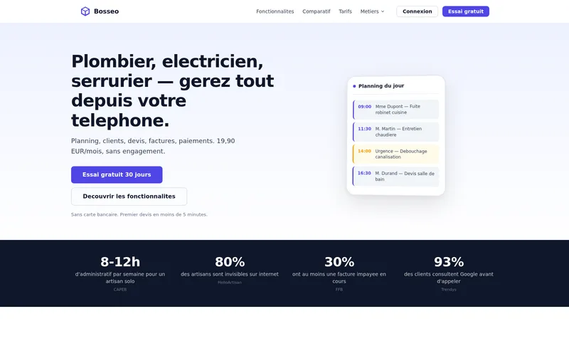 Bosseo — logiciel pour artisans du bâtiment : planning du jour, interventions par créneau, devis et facturation depuis le téléphone