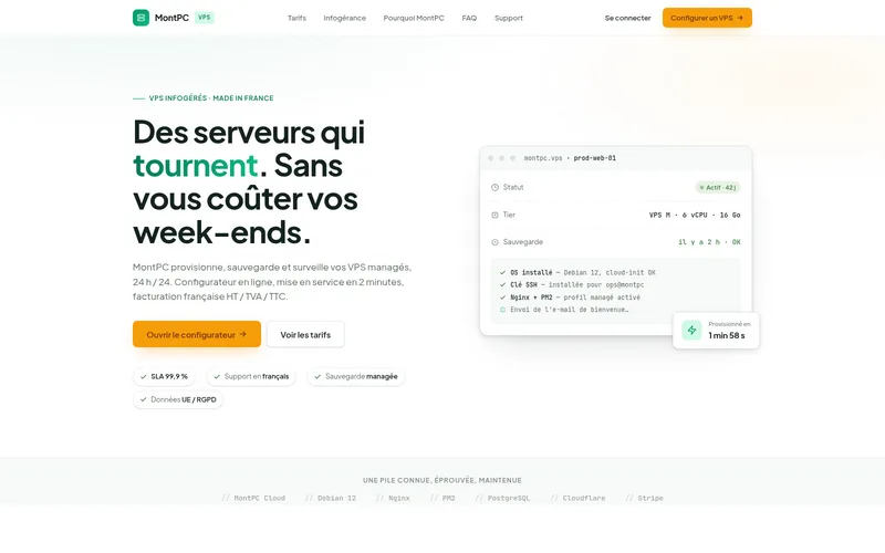 Onclic — serveur VPS managé prêt en 1 min 58 : configurateur, statut Actif, OS installé, clé SSH, Nginx et PM2 pré-provisionnés