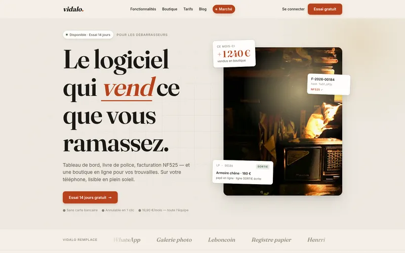 Vidalo — le logiciel qui vend ce que vous ramassez : facture NF525, fiches produit, livre de police numérique, boutique en ligne